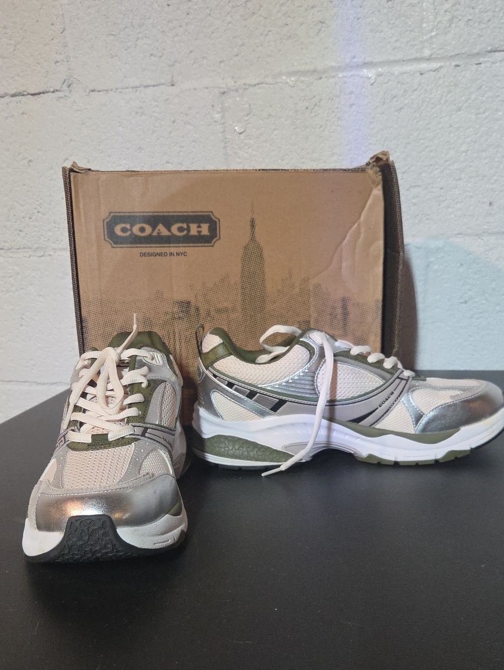 Coach Men’s Silver, White & Olive Mesh Sneakers
